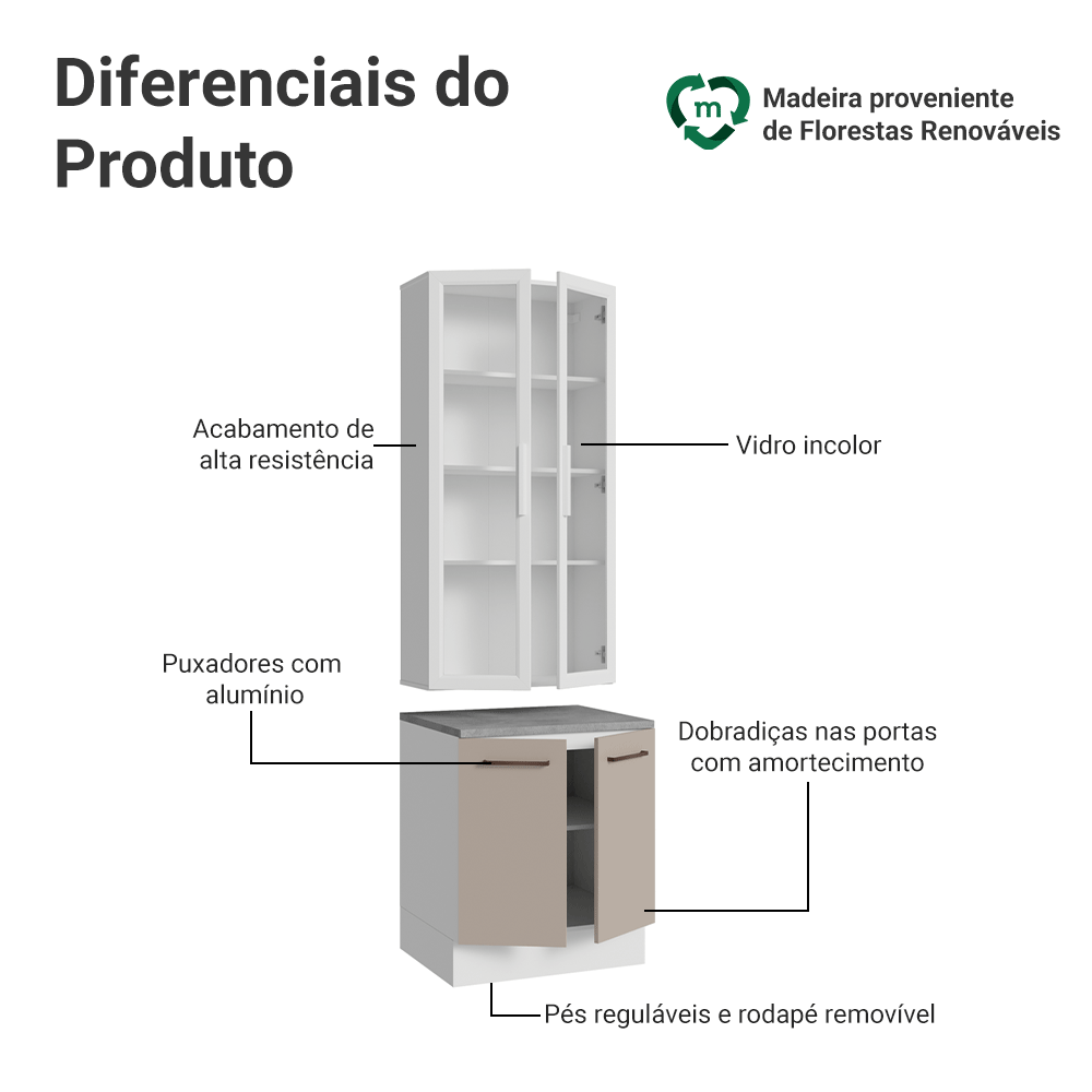Kit Balcão + Cristaleira 70cm Branco/Crema Agata Madesa 02