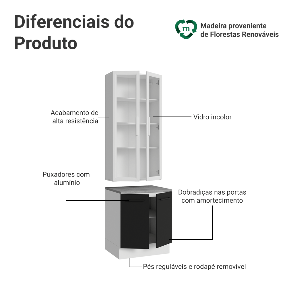 Kit Balcão + Cristaleira 70cm Branco/Preto Agata Madesa 02
