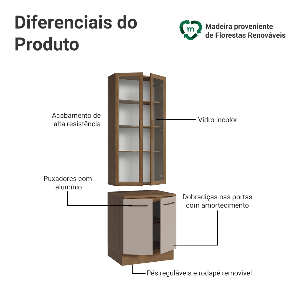 Kit Balcão + Cristaleira 70cm Rustic/Crema Agata Madesa 02