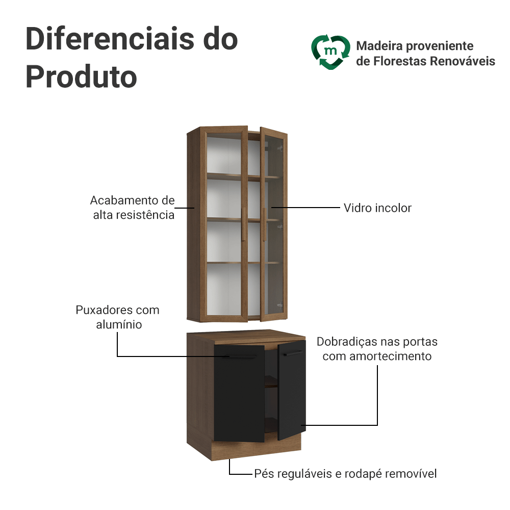 Kit Balcão + Cristaleira 70cm Rustic/Preto Agata Madesa 02