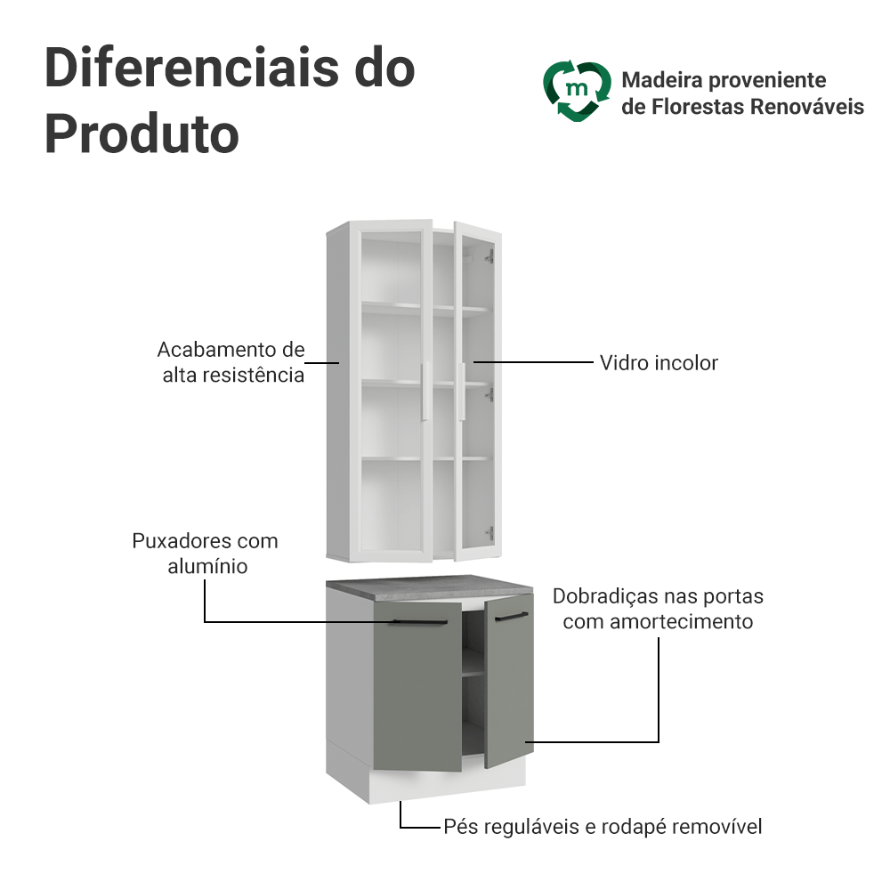 Kit Balcão + Cristaleira 70cm Branco/Cinza Agata Madesa 02