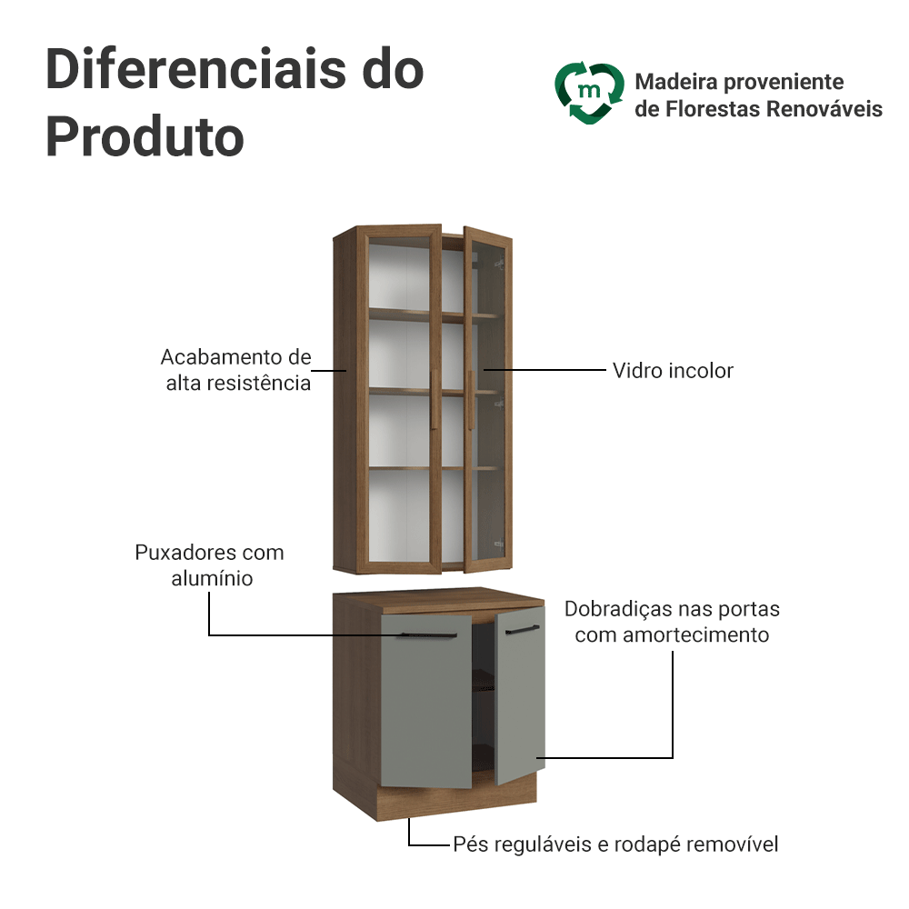 Kit Balcão + Cristaleira 70cm Rustic/Cinza Agata Madesa 02