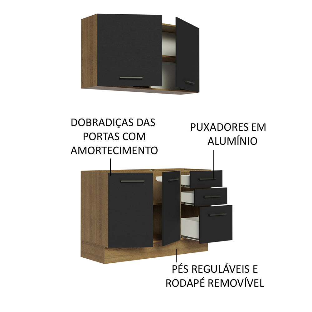 Armário de Cozinha Compacta 120cm Rustic/Preto Agata Madesa 01