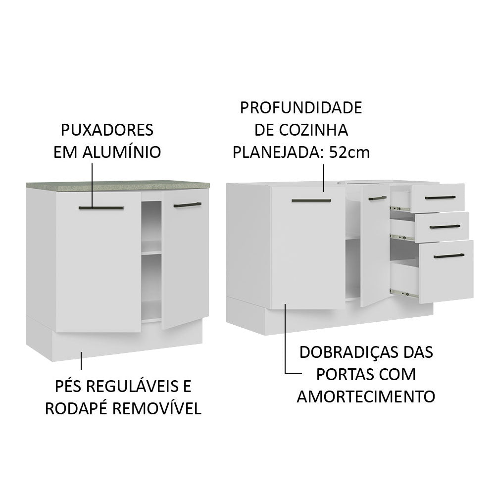 Kit com 2 Balcões de Cozinha Madesa Agata 3 Gavetas 4 Portas (Sem Tampo e Pia) Branco