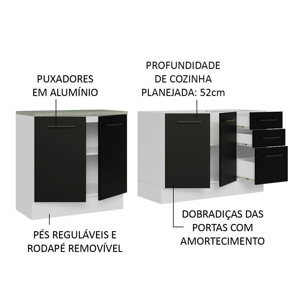 Kit com 2 Balcões de Cozinha Madesa Agata 3 Gavetas 4 Portas (Sem Tampo e Pia) Branco/Preto