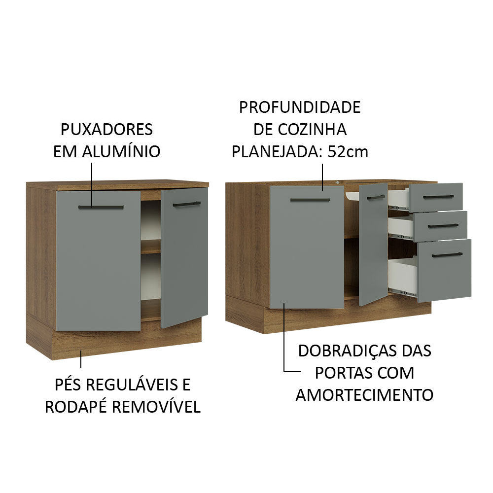 Kit com 2 Balcões de Cozinha Madesa Agata 3 Gavetas 4 Portas (Sem Tampo e Pia) Rustic/Cinza