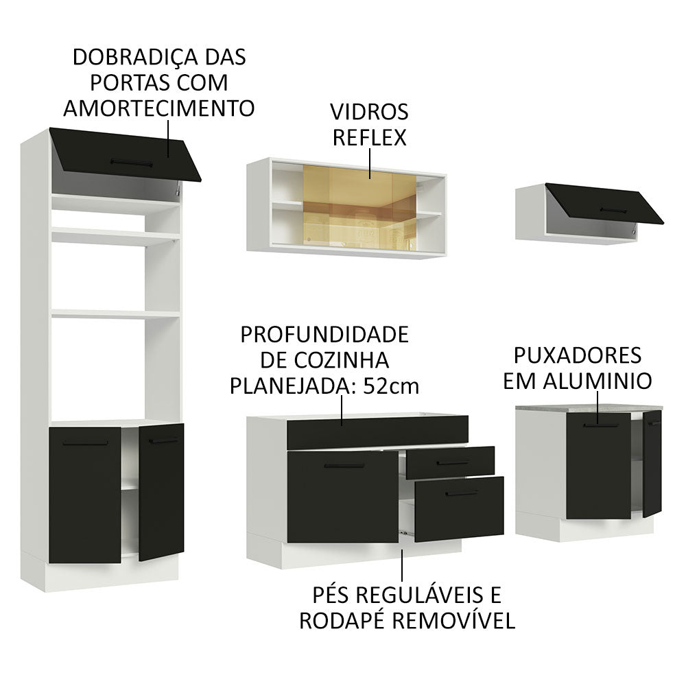 Armário de Cozinha Completa 270cm Branco Preto Agata Madesa 03