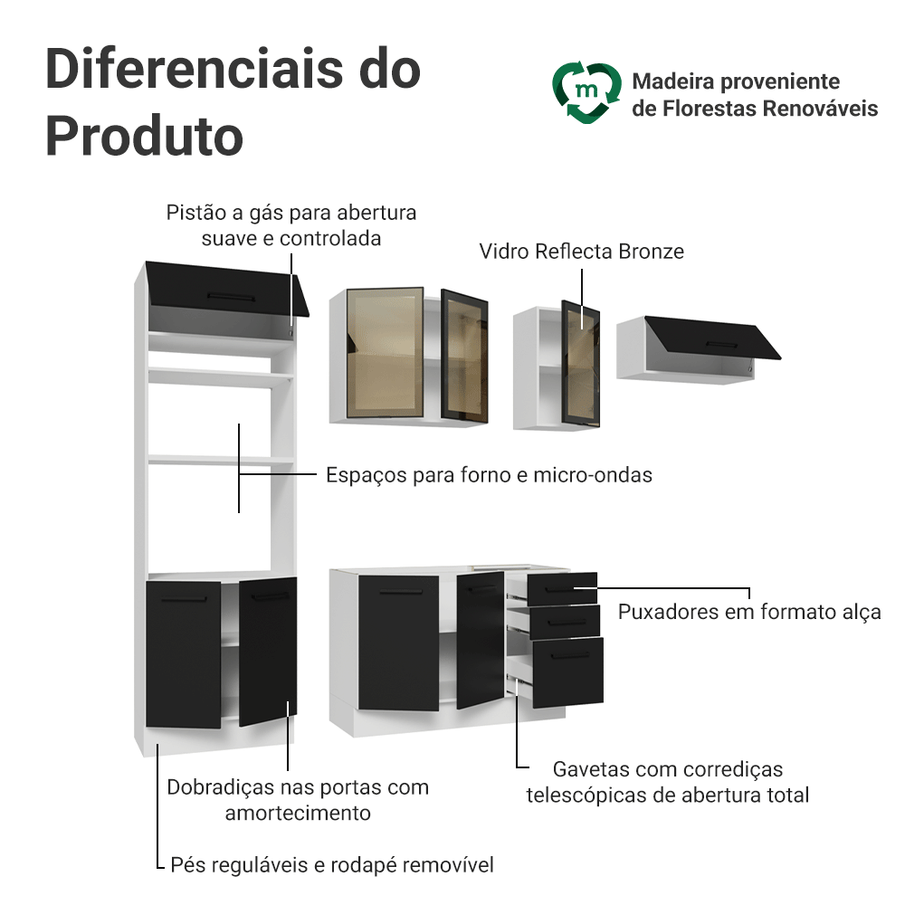 Armário de Cozinha Completa 270 cm Branco/Preto Agata Madesa 12