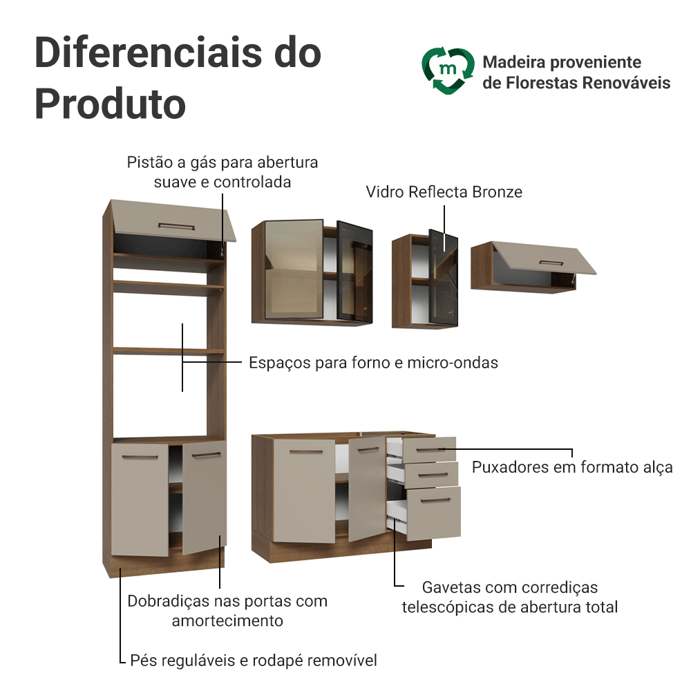 Armário de Cozinha Completa 270 cm Rustic/Crema Agata Madesa 12