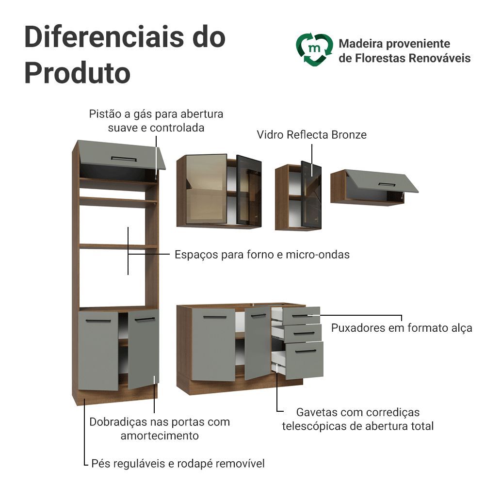 Armário de Cozinha Completa 270 cm Rustic/Cinza Agata Madesa 12
