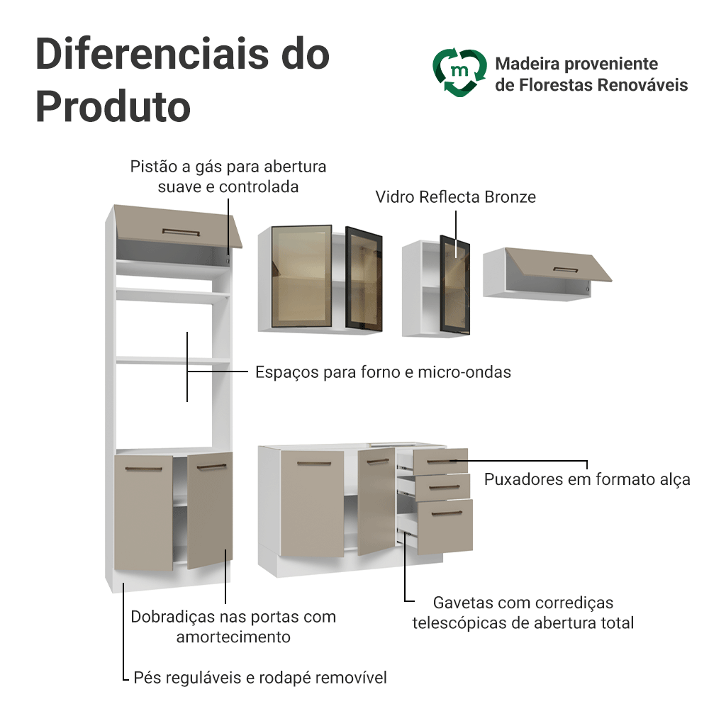 Armário de Cozinha Completa 270 cm Branco/Crema Agata Madesa 12