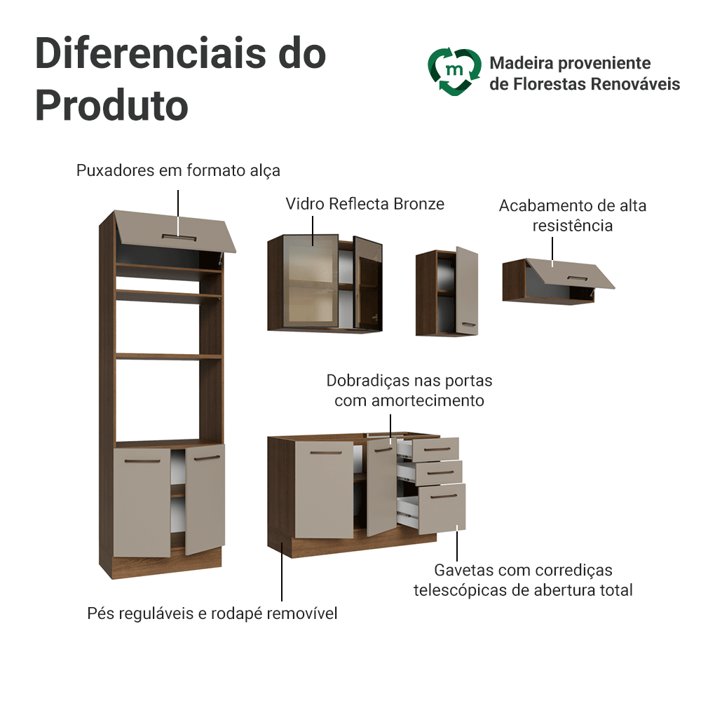 Armário de Cozinha Completa 270 cm Rustic/Crema Agata Madesa 13