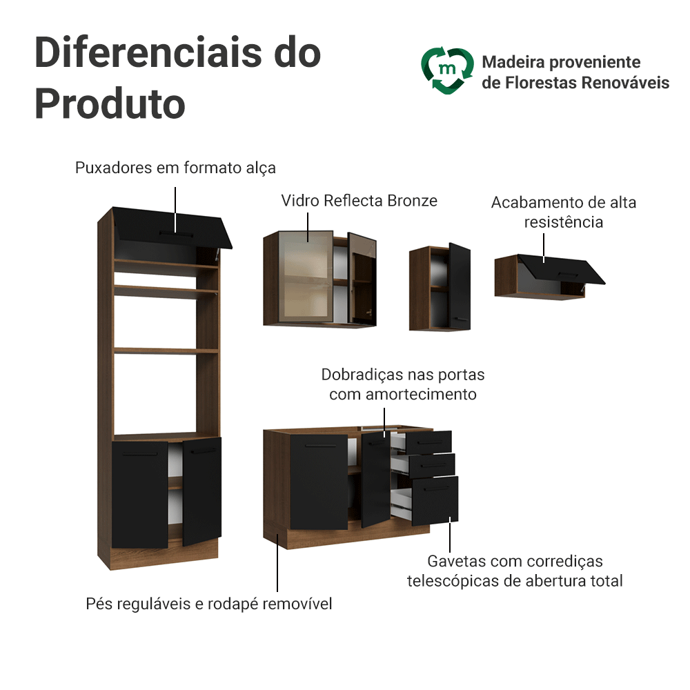 Armário de Cozinha Completa 270 cm Rustic/Preto Agata Madesa 13
