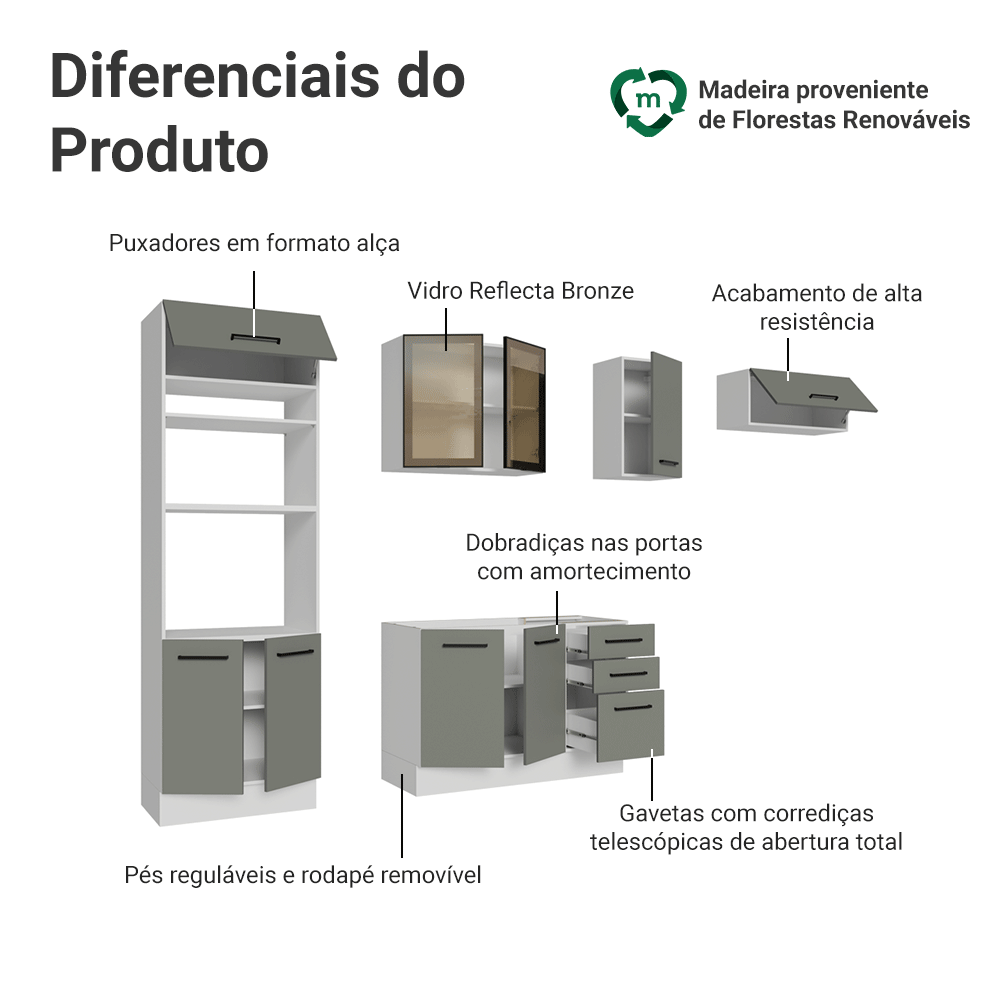 Armário de Cozinha Completa 270 cm Branco/Cinza Agata Madesa 13