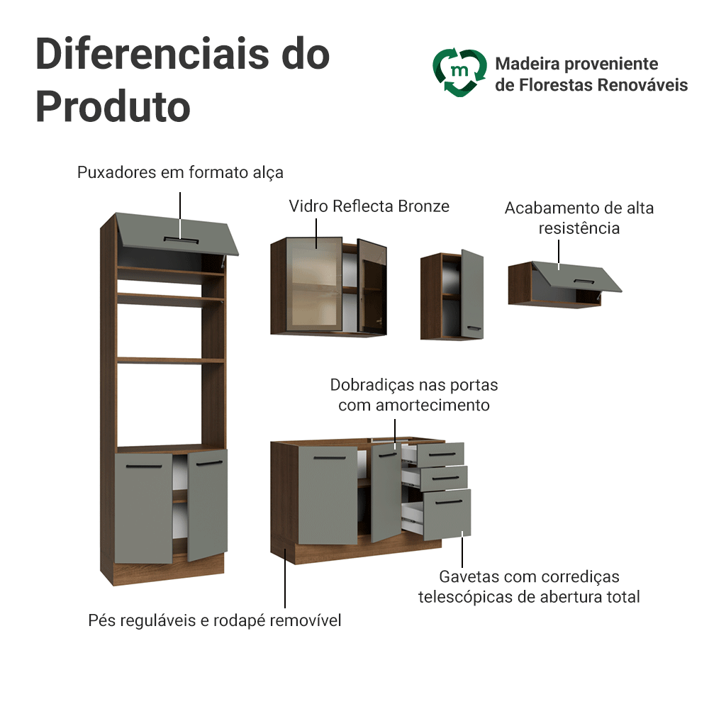 Armário de Cozinha Completa 270 cm Rustic/Cinza Agata Madesa 13