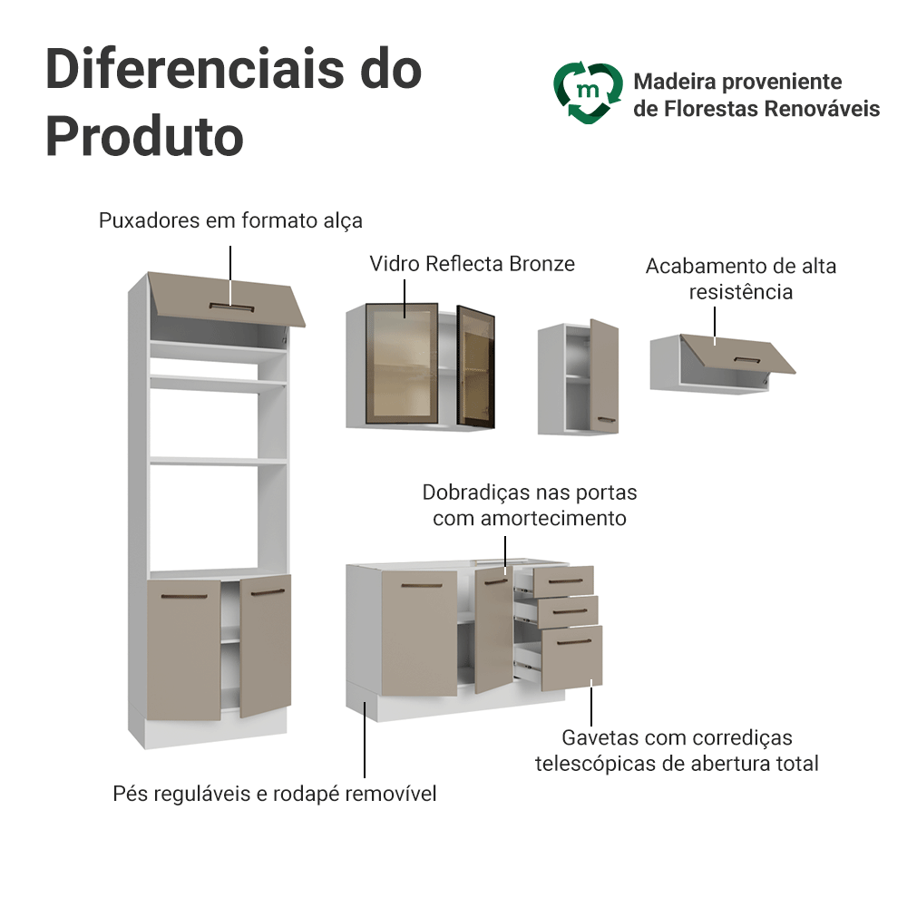 Armário de Cozinha Completa 270 cm Branco/Crema Agata Madesa 13