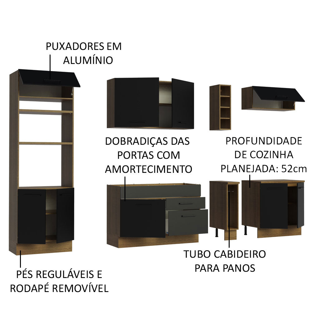 Armário de Cozinha Completa 290cm Rustic/Preto Agata Madesa 01