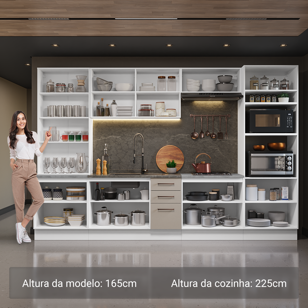 Armário de Cozinha Completa 340cm Branco/Crema Agata Madesa 01