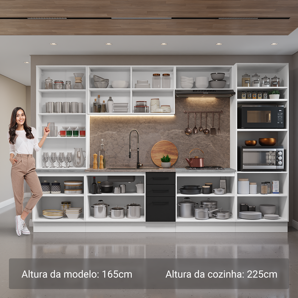Armário de Cozinha Completa 340cm Branco/Preto Agata Madesa 01
