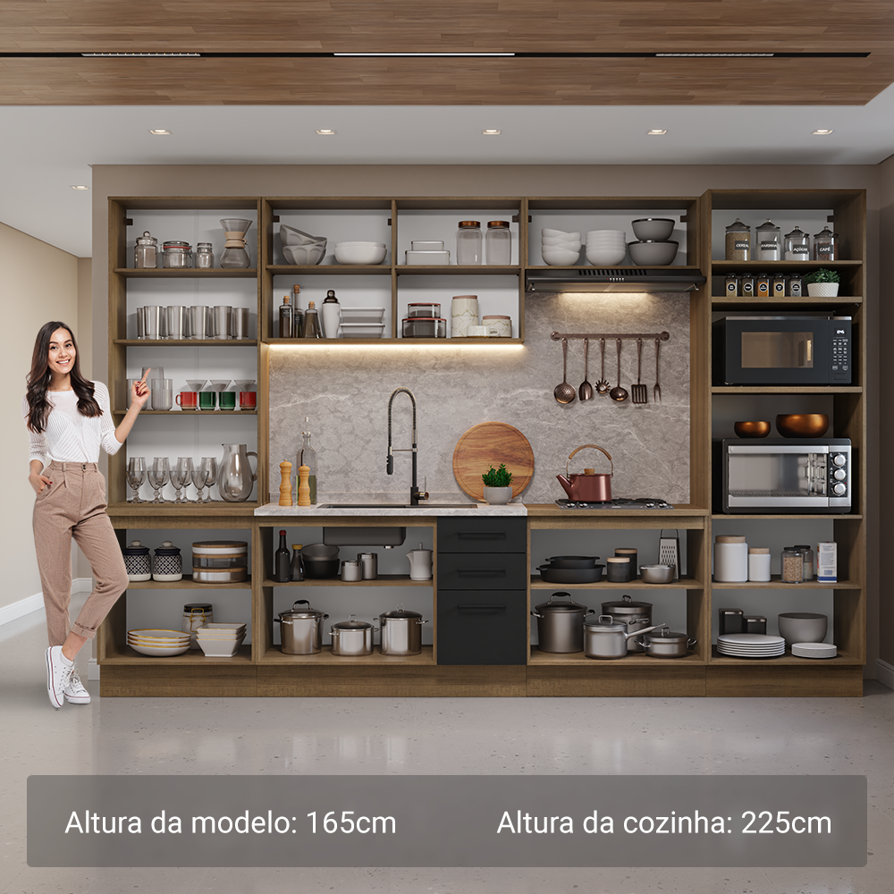 Armário de Cozinha Completa 340cm Rustic/Preto Agata Madesa 01