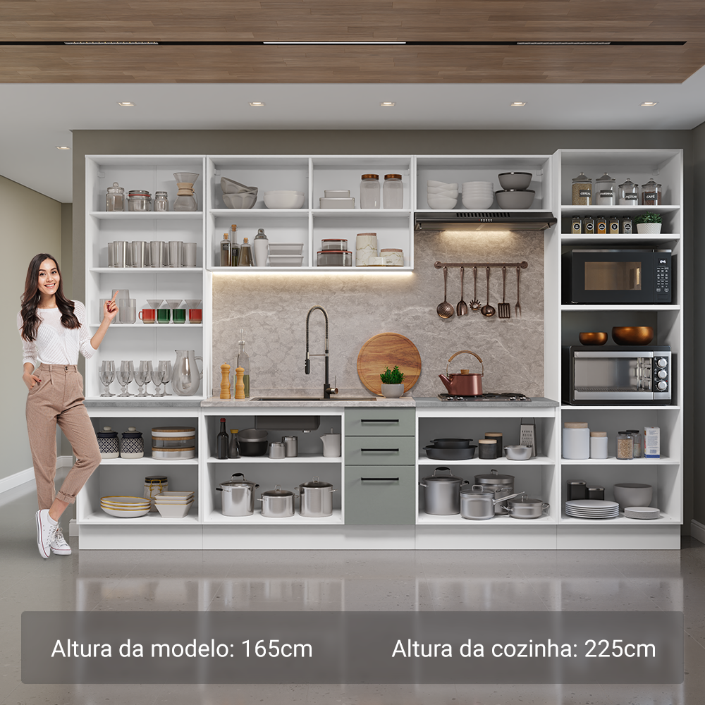 Armário de Cozinha Completa 340cm Branco/Cinza Agata Madesa 01
