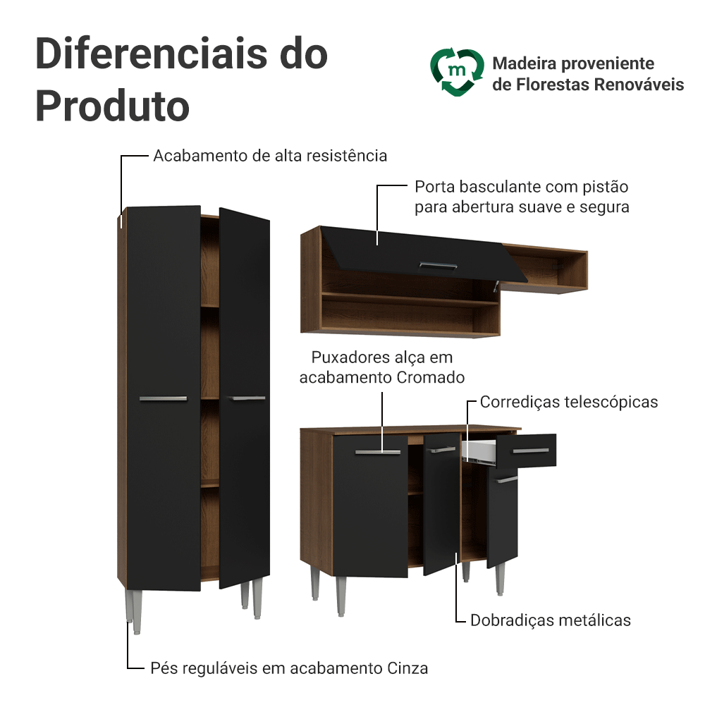 Armário de Cozinha Completa 220 cm Rustic/Preto Deli Madesa 02