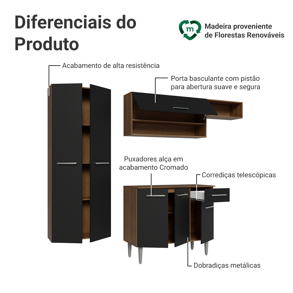 Armário de Cozinha Completa 220 cm Rustic/Preto Deli Madesa 03