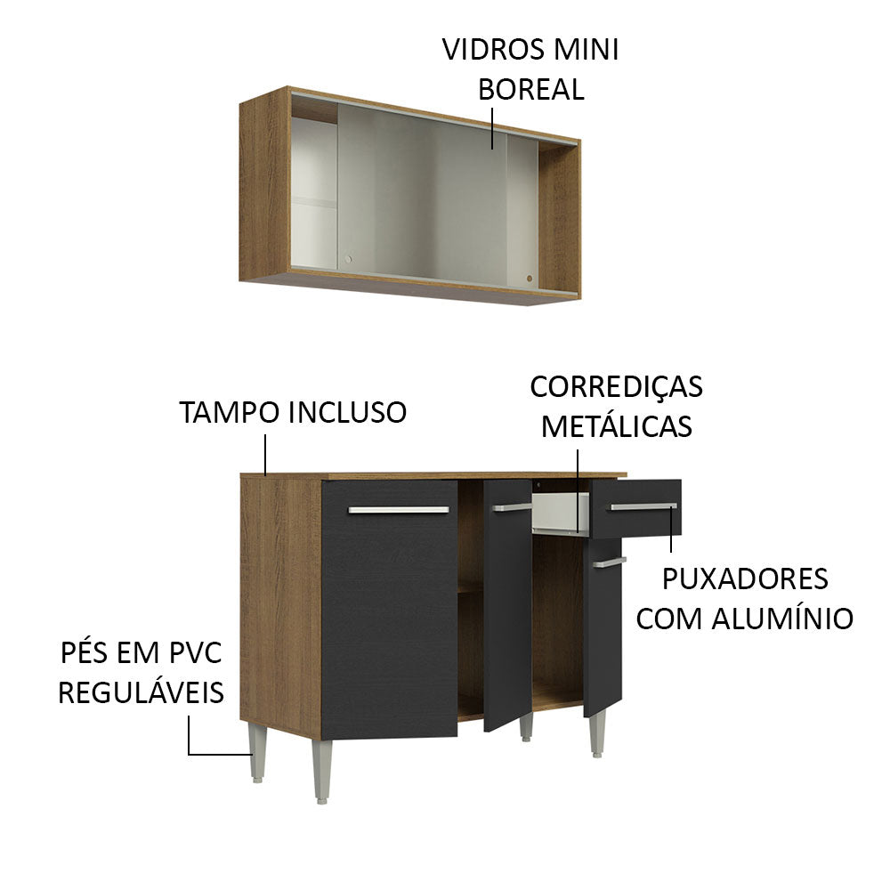 Armário de Cozinha Compacta Emilly 105cm com Armário e Balcão Rustic/Preto Emilly Madesa 01