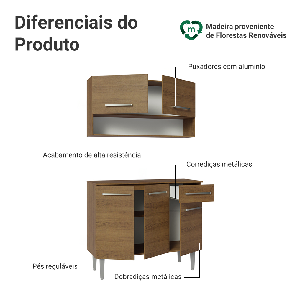 Armário de Cozinha Compacta 105cm Rustic Emilly Madesa 03