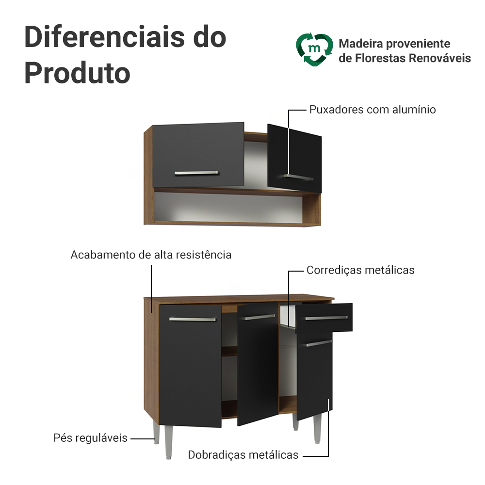 Armário de Cozinha Compacta 105cm Rustic/Preto Emilly Madesa 03