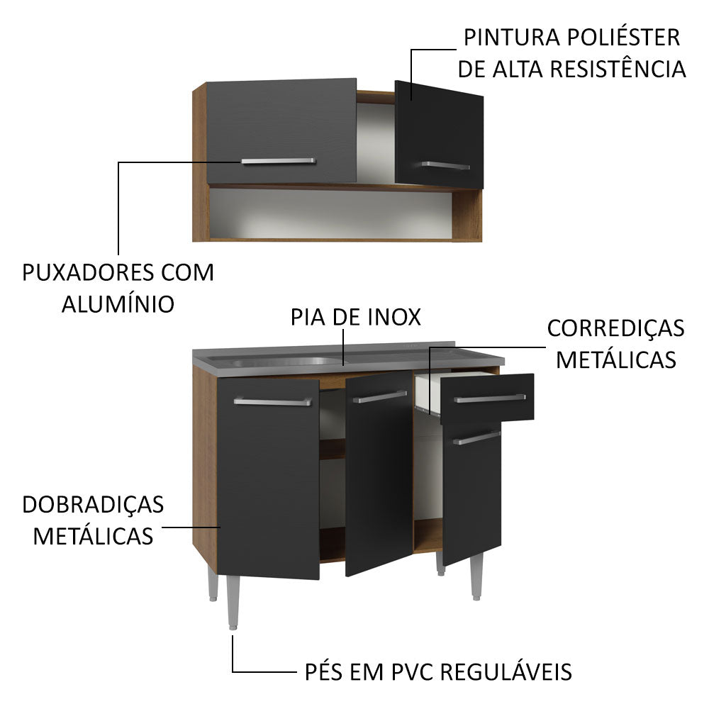 Armário de Cozinha Compacta 105cm com Pia Rustic/Preto Emilly Madesa 04
