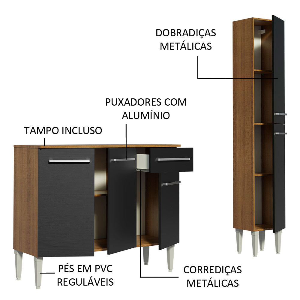 Armário de Cozinha Compacta 137cm Rustic/Preto Emilly Silver Madesa 01