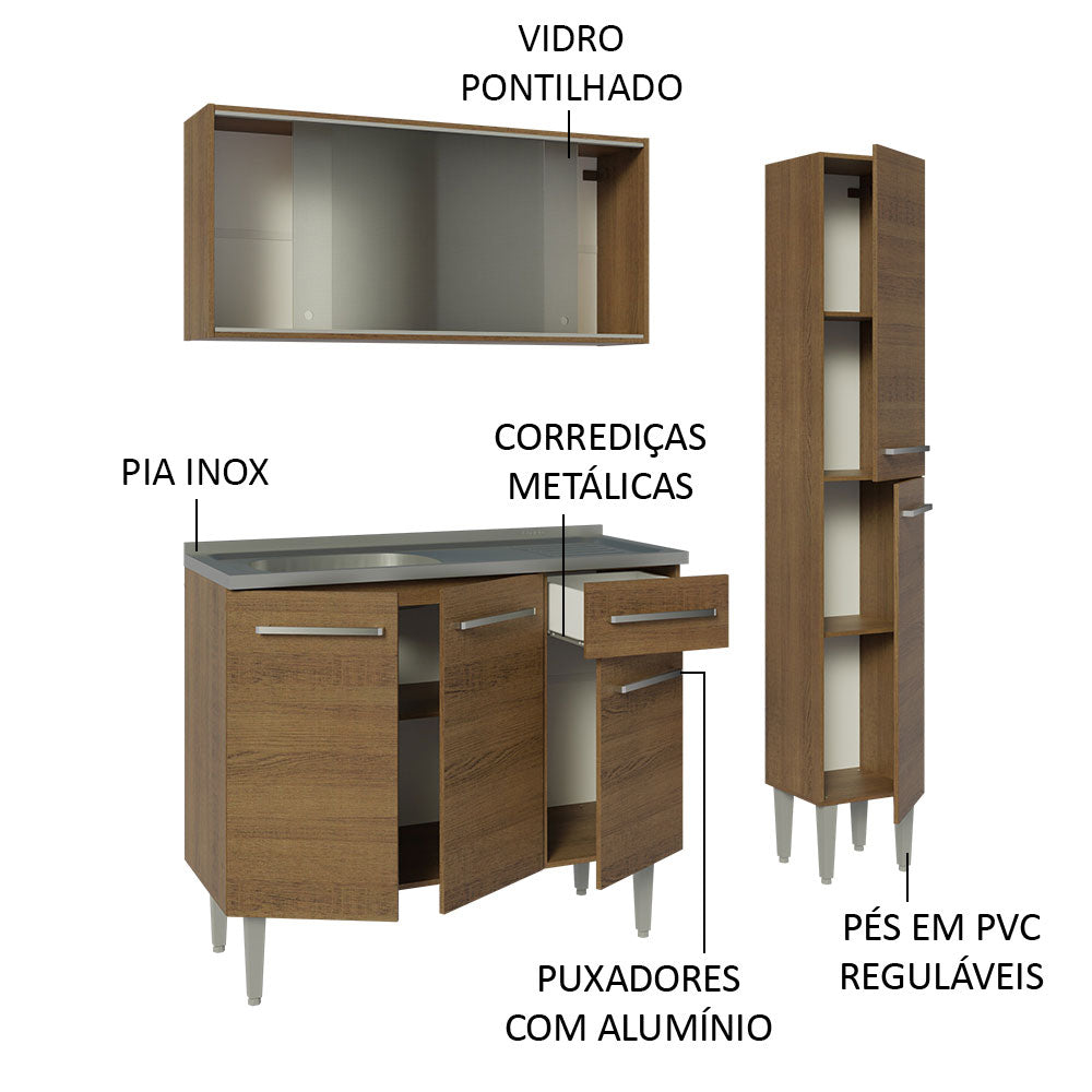 Armário de Cozinha Compacta 137cm com Pia Rustic Emilly Madesa 07