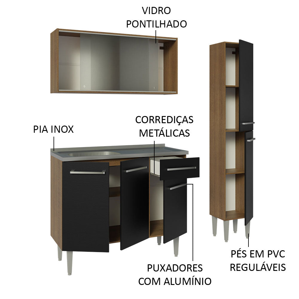Armário de Cozinha Compacta 137cm com Pia Rustic/Preto Emilly Madesa 07