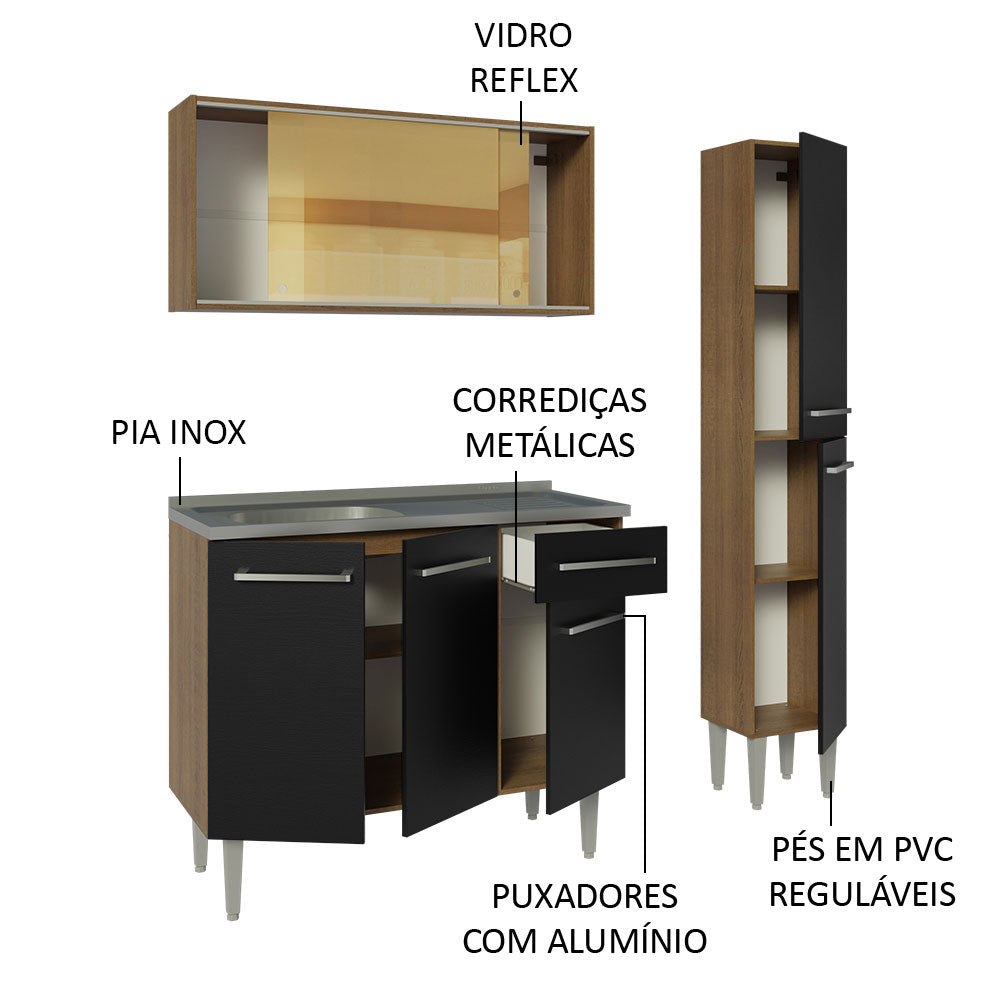 Armário de Cozinha Compacta 137cm com Pia Rustic/Preto Emilly Madesa 08