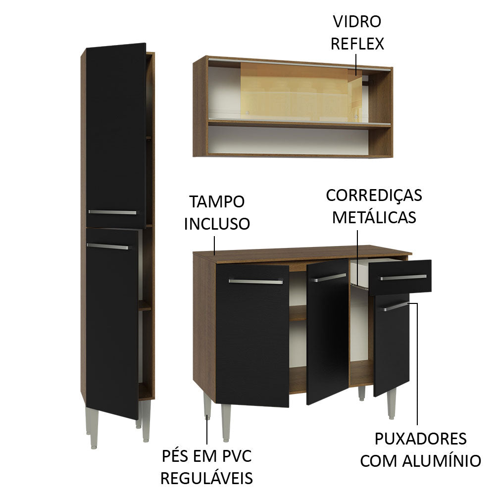 Armário de Cozinha Compacta 137cm Rustic/Preto Emilly Madesa 09