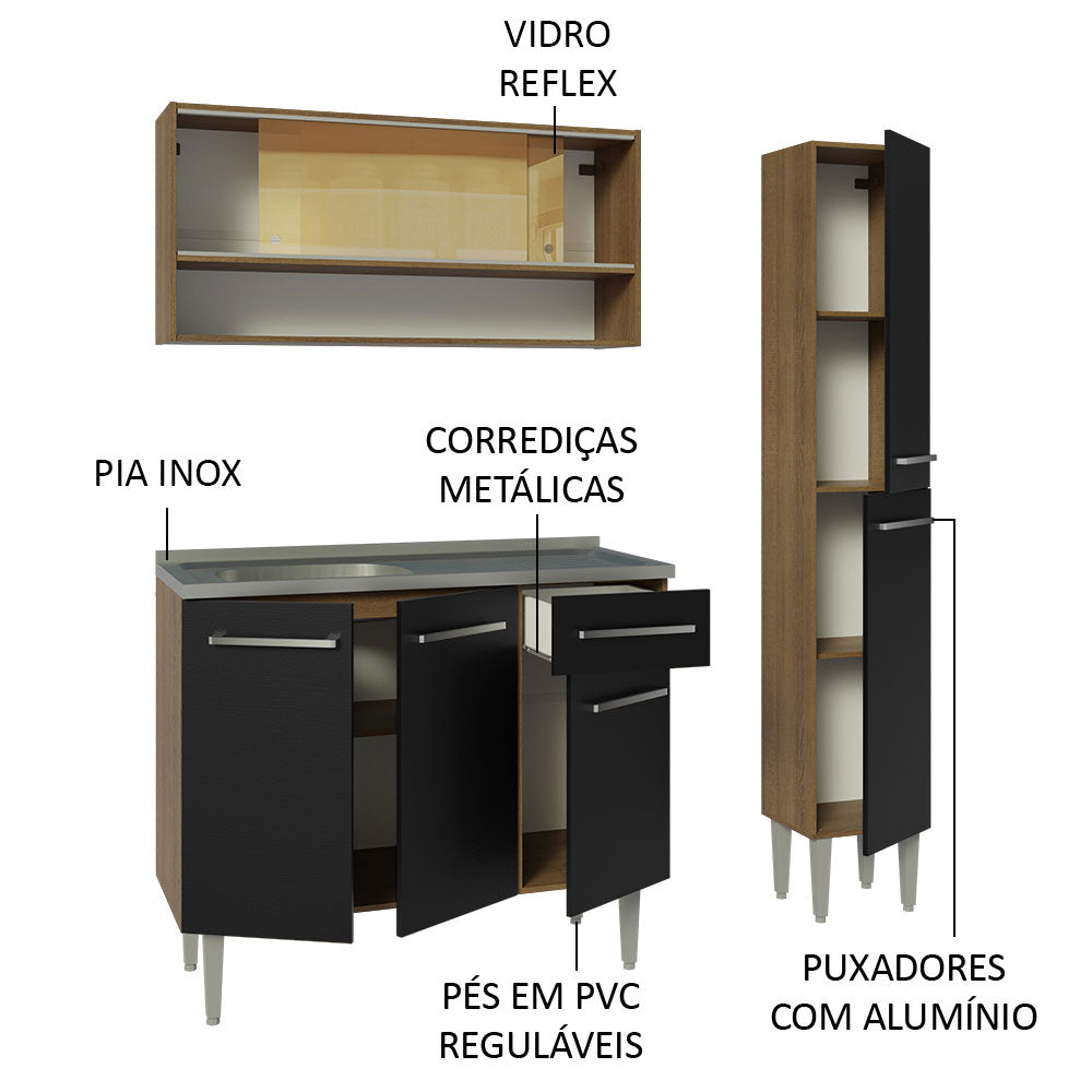 Armário de Cozinha Compacta 137cm com Pia Rustic/Preto Emilly Madesa 10