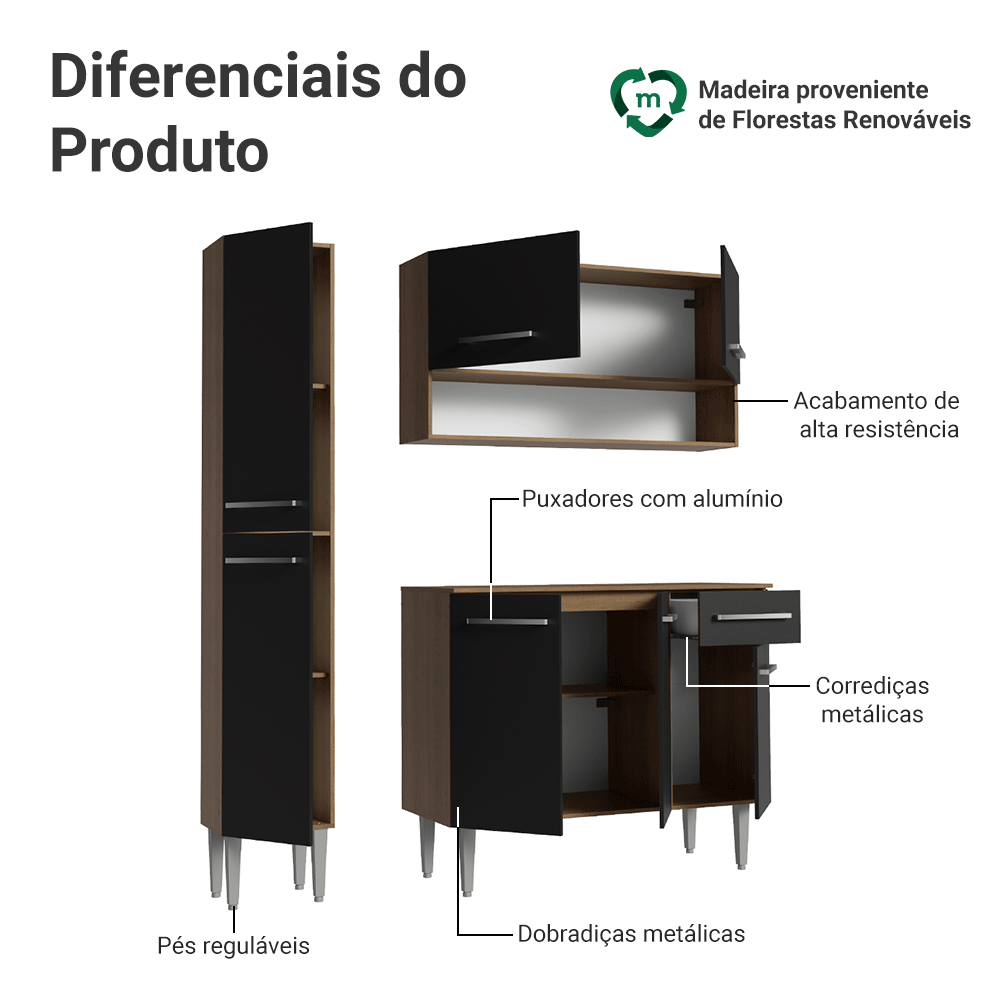 Armário de Cozinha Compacta 137 cm Rustic/Preto Emilly Madesa 012