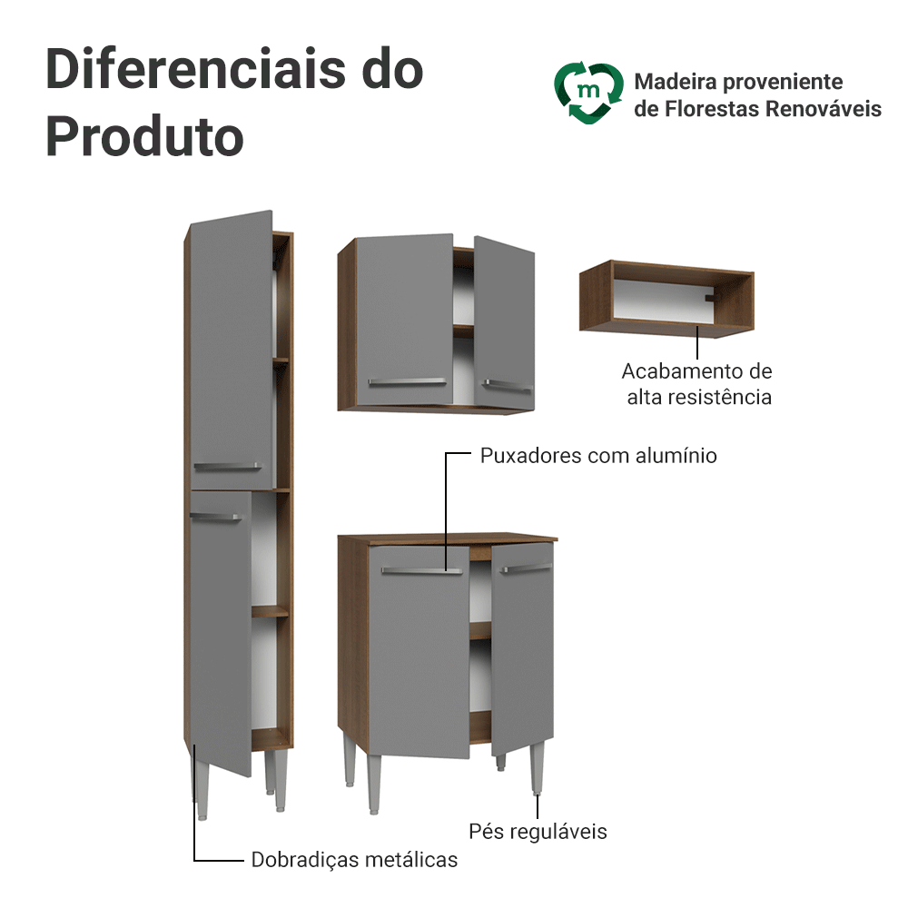 Armário de Cozinha Compacta 156 cm Rustic/Cinza Emilly Madesa 01