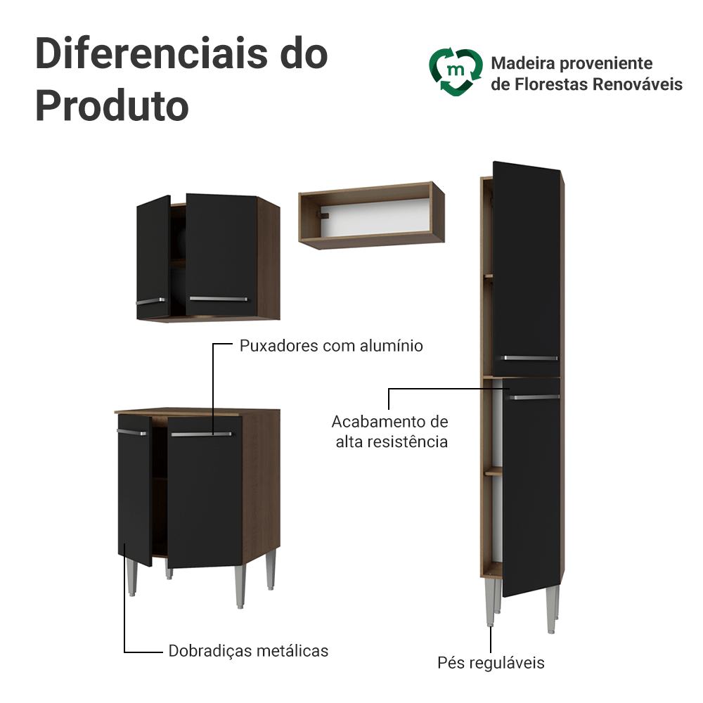 Armário de Cozinha Compacta 156 cm Rustic/Preto Emilly Madesa 02