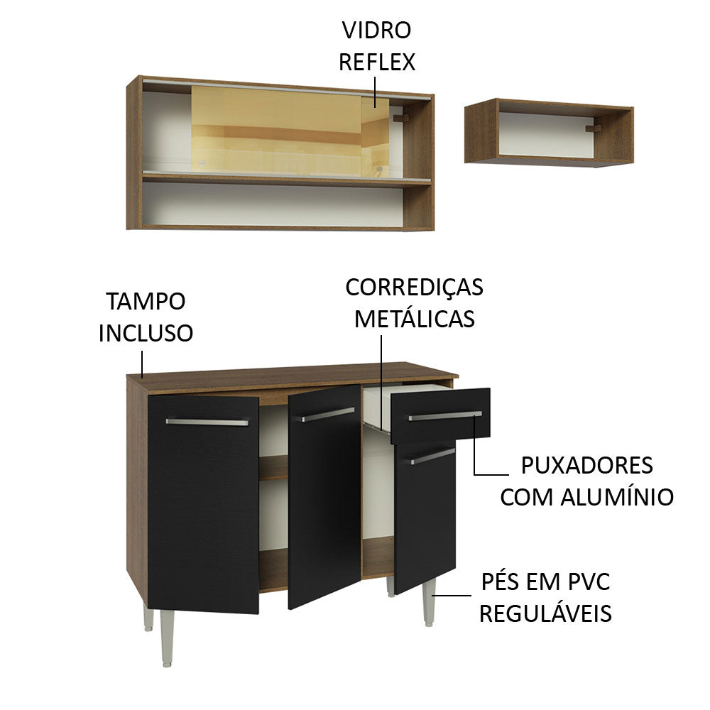 Armário de Cozinha Compacta 165cm Rustic/Preto Emilly Madesa 02