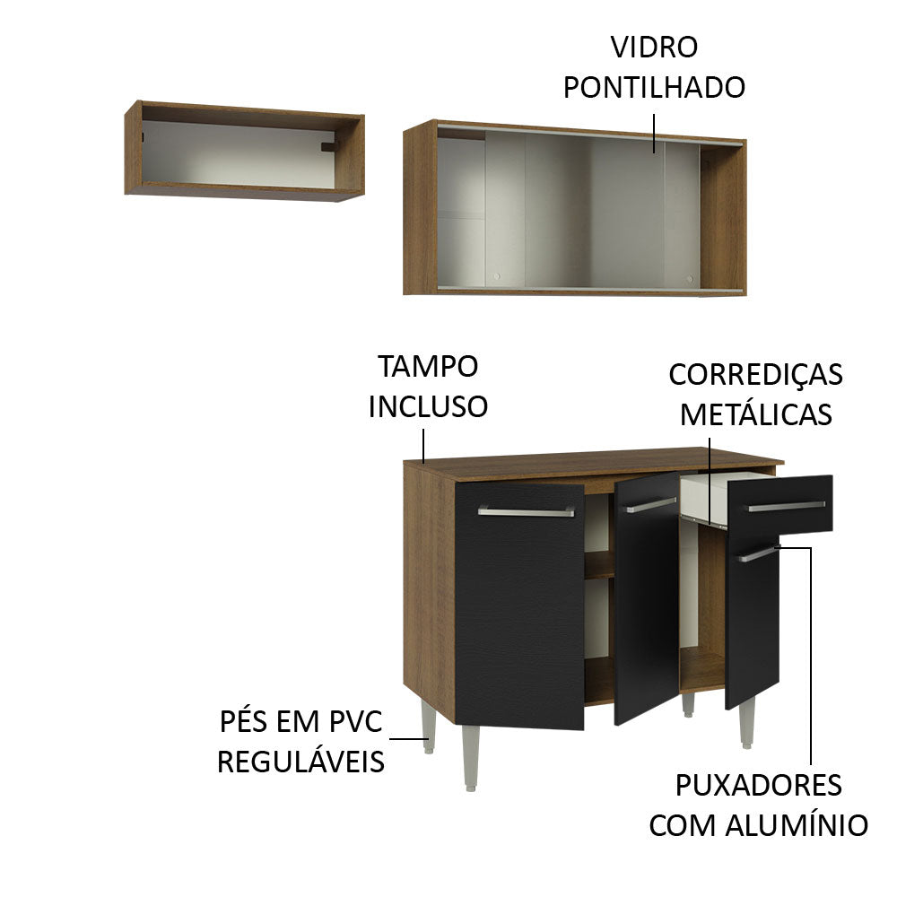 Armário de Cozinha Compacta 165cm Rustic/Preto Emilly Madesa 03