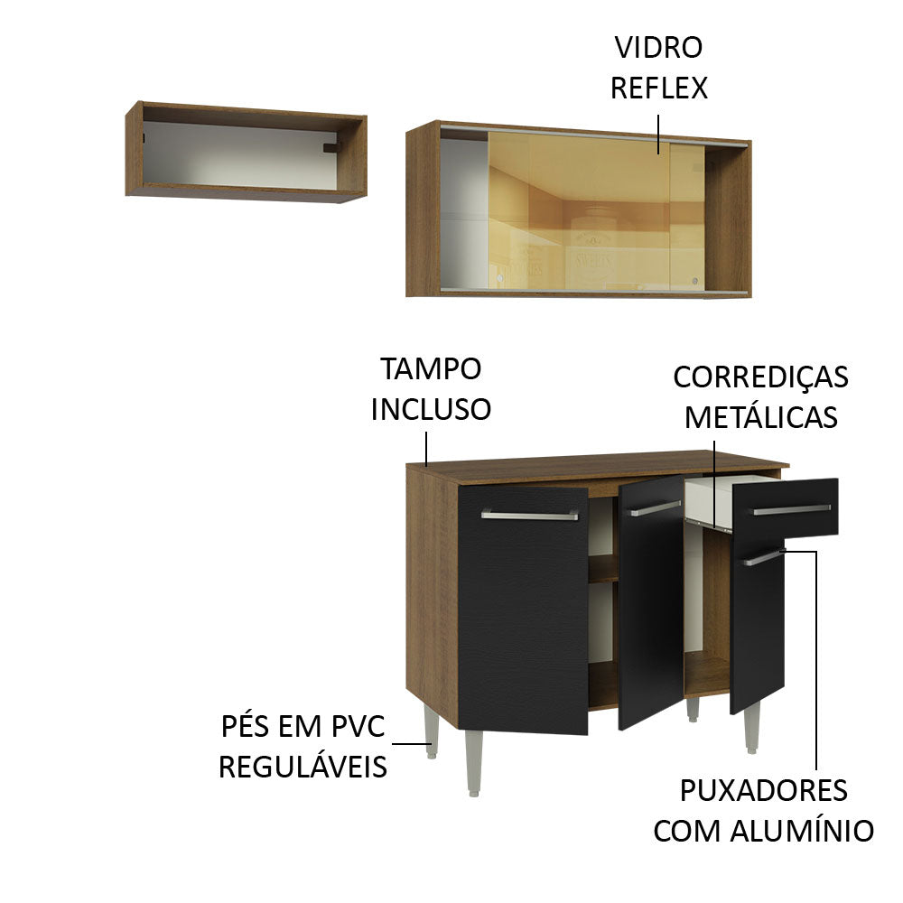 Armário de Cozinha Compacta 165cm Rustic/Preto Emilly Madesa 04