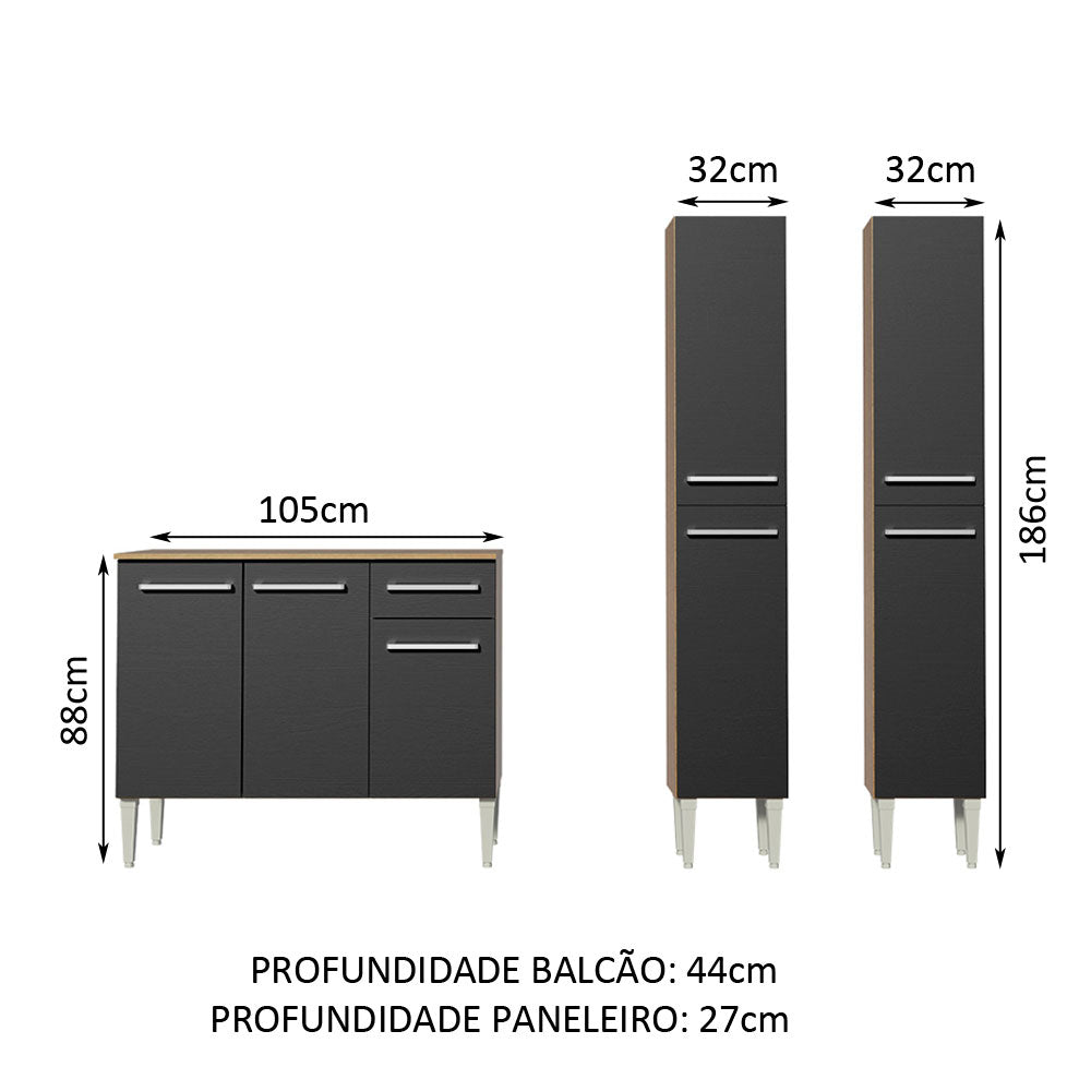 Armário de Cozinha Compacta 169cm Rustic/Preto Emilly Front Madesa 02