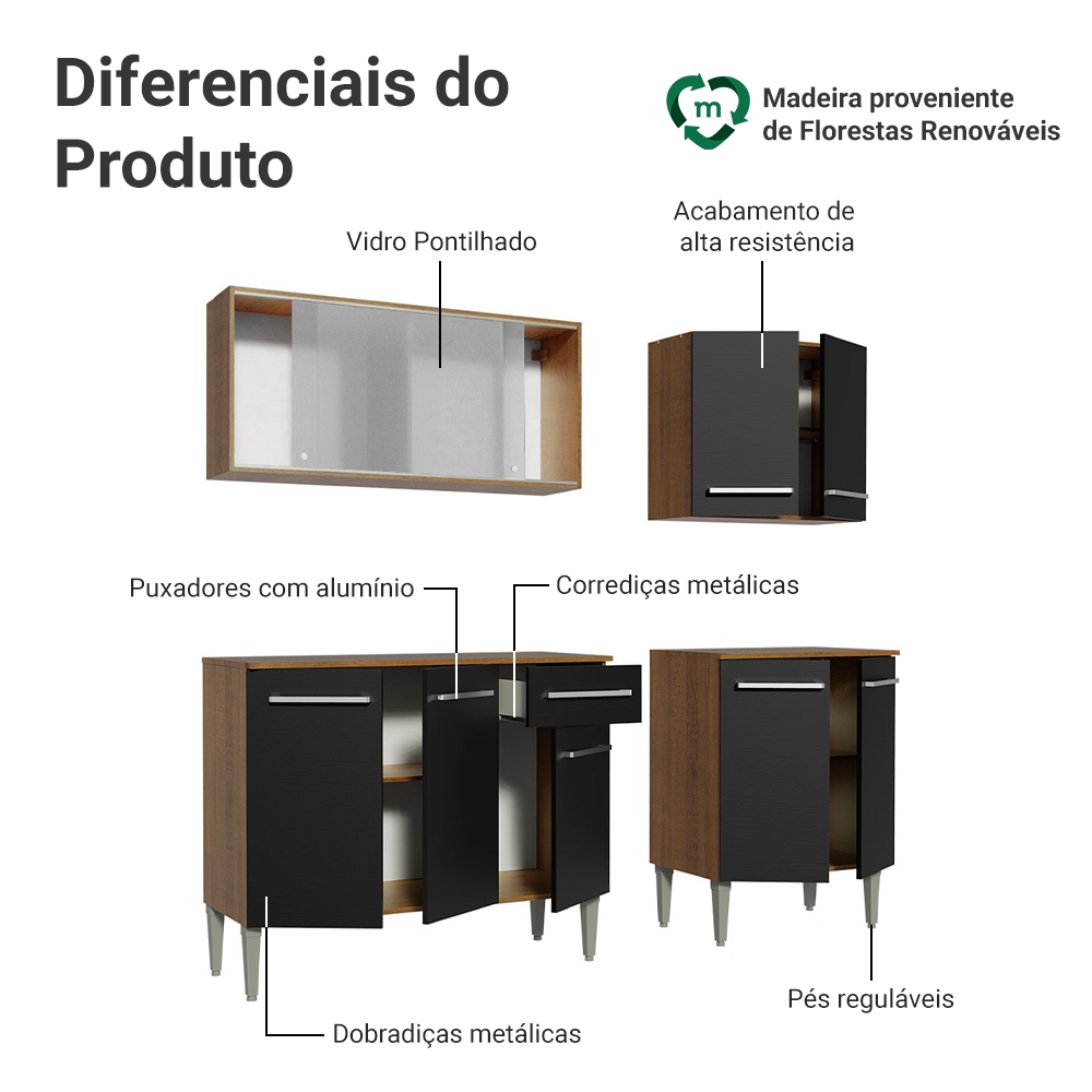 Armário de Cozinha Completa 169cm Rustic/Preto Emilly Box Madesa 03