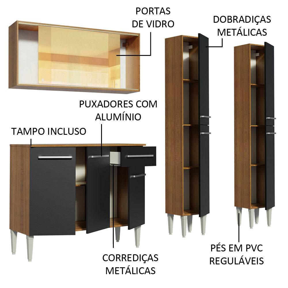 Armário de Cozinha Completa 169cm Rustic/Preto Emilly Voice Madesa 06