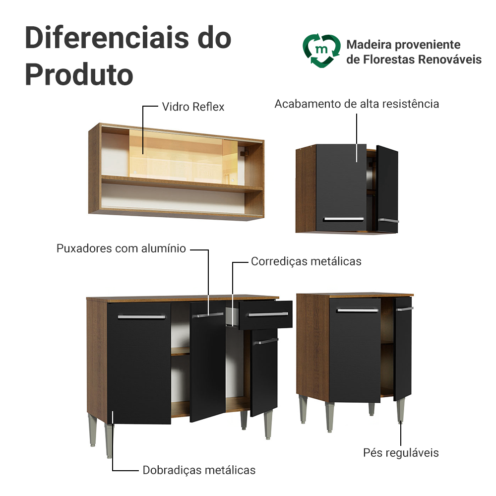 Armário de Cozinha Completa 169cm Rustic/Preto Emilly Dance Madesa 07