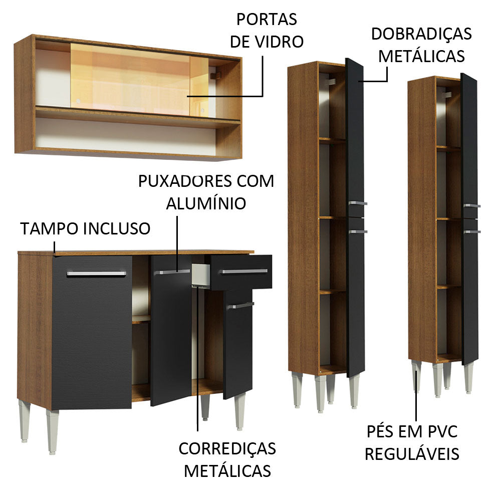 Armário de Cozinha Compacta 169cm Rustic/Preto Emilly Winter Madesa 08
