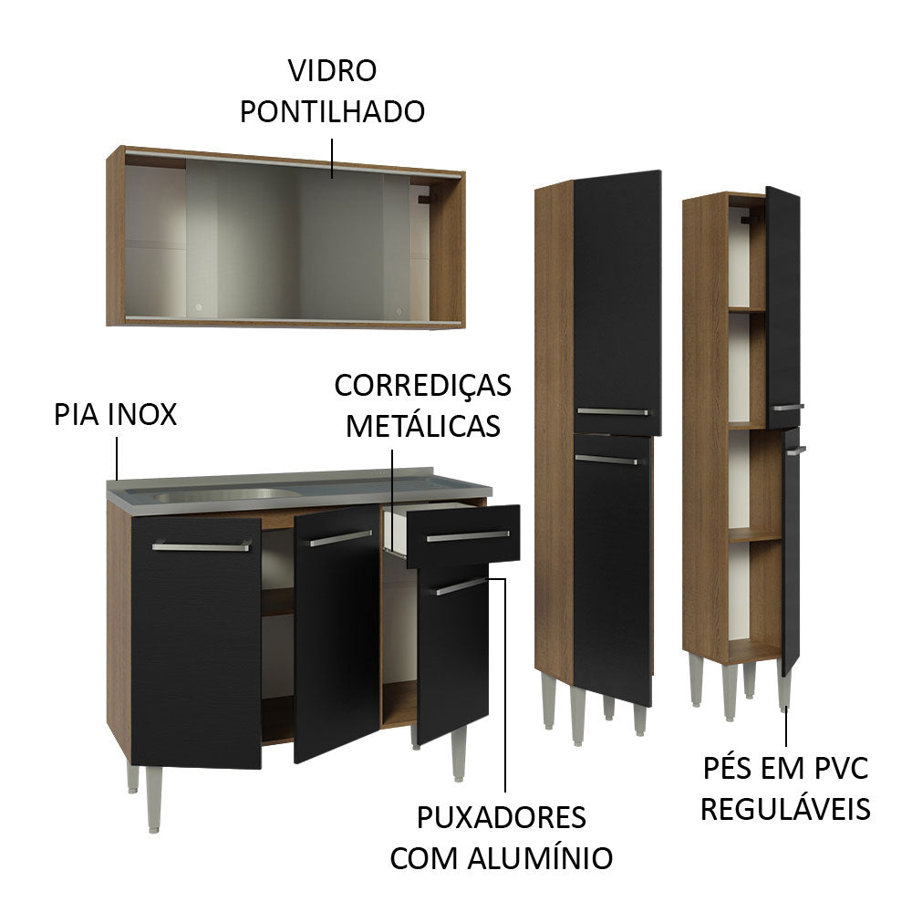 Armário de Cozinha Compacta 169cm com Pia Rustic/Preto Emilly Madesa 11