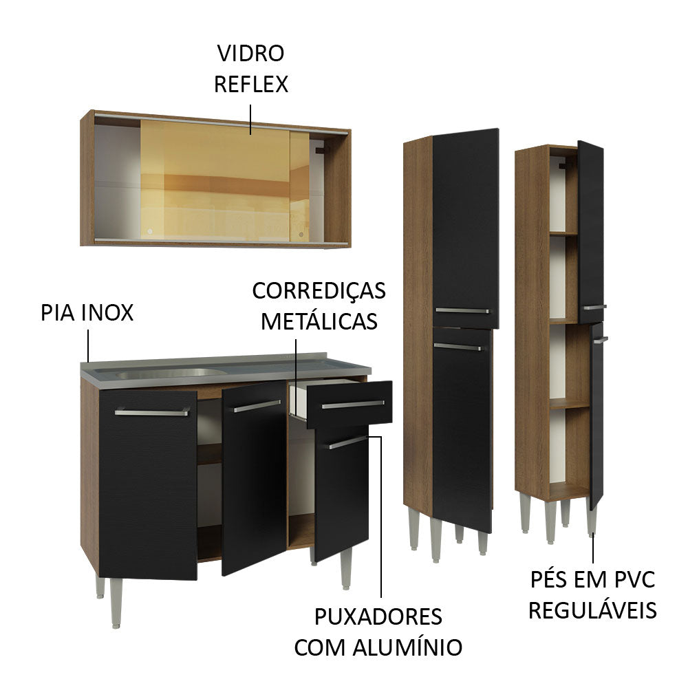 Armário de Cozinha Compacta 169cm com Pia Rustic/Preto Emilly Madesa 12